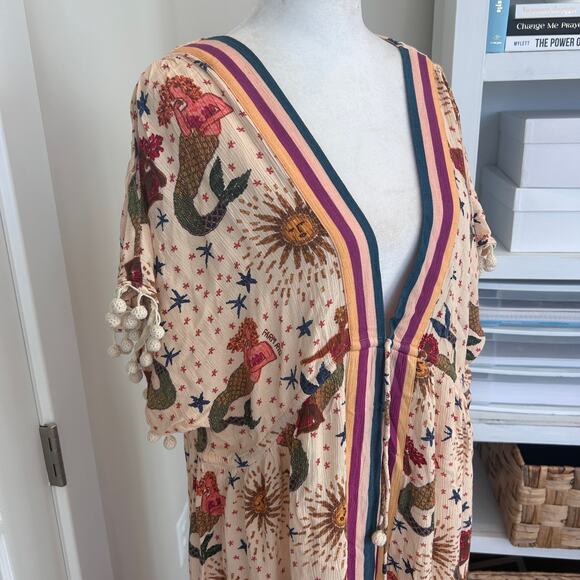 FARM RIO Anthopologie Boho Fringed Pom Pom Long Beach Coverup Womens Size Medium - Picture 2 of 7